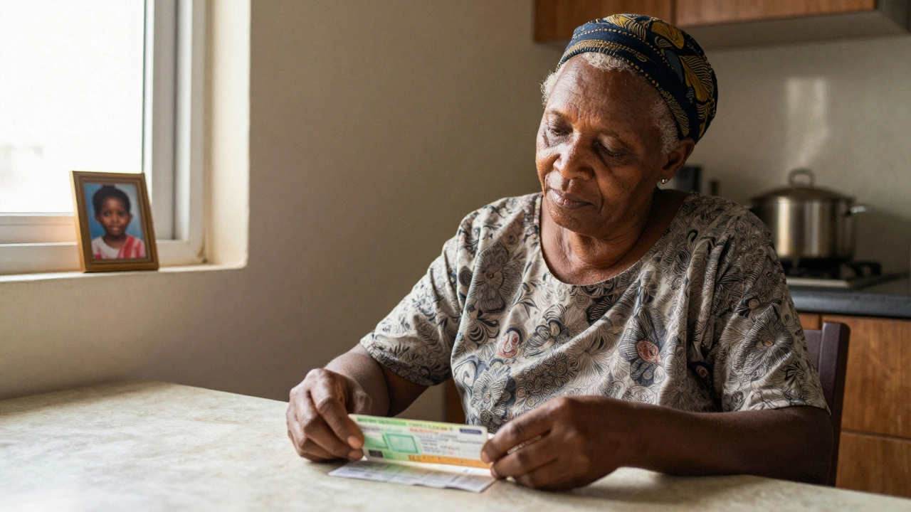 A Nigerian woman placing pay stub and medical card on a kitchen table, sunlight streaming through the window.