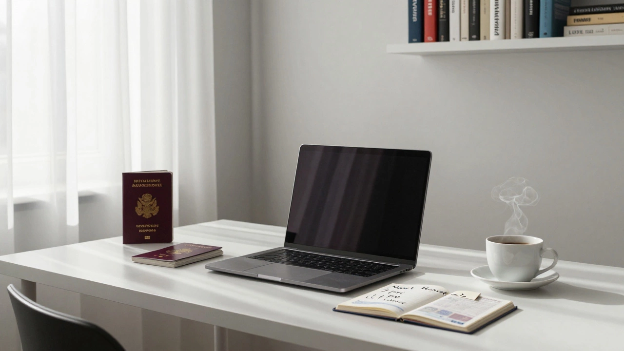 A professional escort&#039;s private study in Paris, with documents and a handwritten appointment note, symbolizing autonomy.