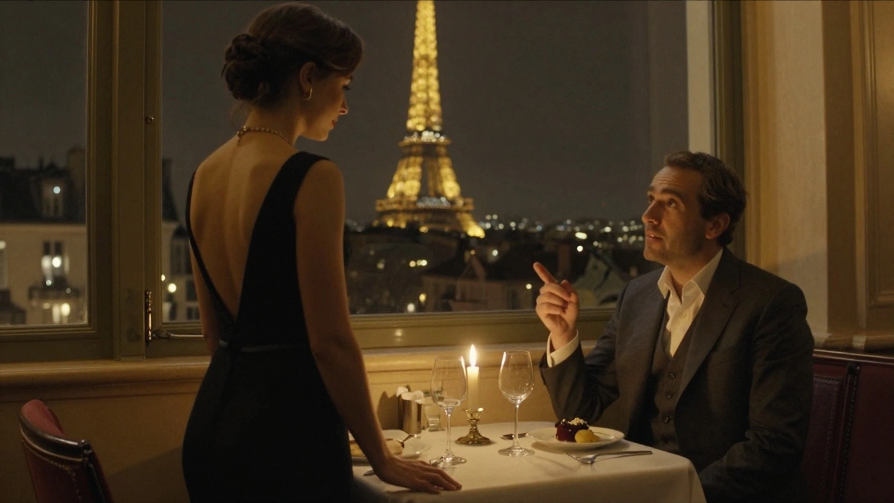 An elegant companion shares a quiet dinner with a client in Montmartre, back turned, city lights glowing beyond the window.