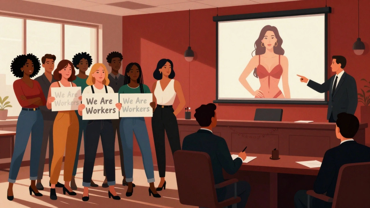 Diverse sex workers standing together confidently beside a courtroom projection of a harmful stereotype.